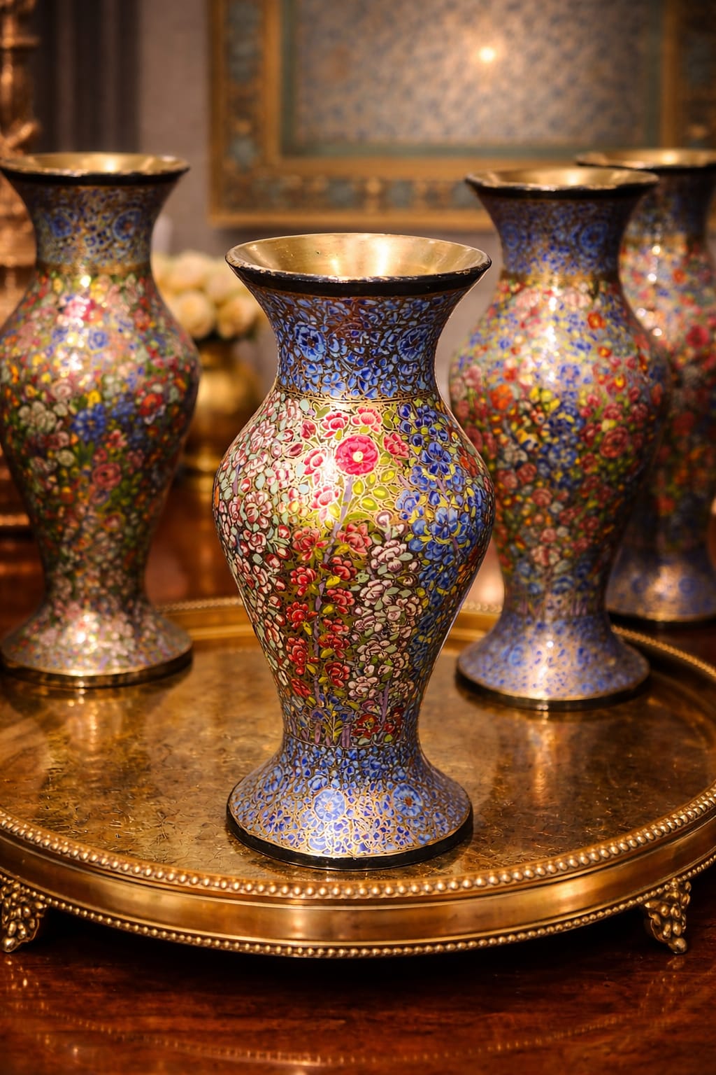 Blue Hazara , Hand Painted Brass Vase, Antique flower Vase, Paper Mache Flower Vase, Boho flower vase  with brass lining